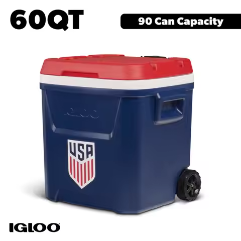 USSF 60 QT Laguna Ice Chest Cooler with Wheels Red White Blue Rolling Cooler for Soccer Games, Pract