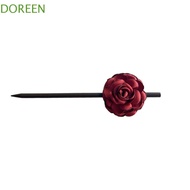 DOREEN Wooden Hair Stick, Wine Red Chinese Style Hanfu Hairpin, Cute Hair Chopstick Hair Sticks for Buns Hair Accessories Rose Flower Hair Clip Hanfu Accessories