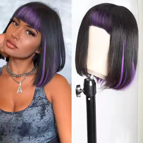 Purple Ombre Bob Straight Wigs Short BOB Human Hair Wigs With bangs Mix Color Bob Bangs Wigs P1B/27 