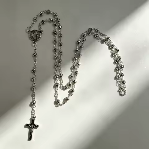 4mSilver Catholic necklace with cross patterned beads, Saint Benedict's Cross pendant, Christian pra