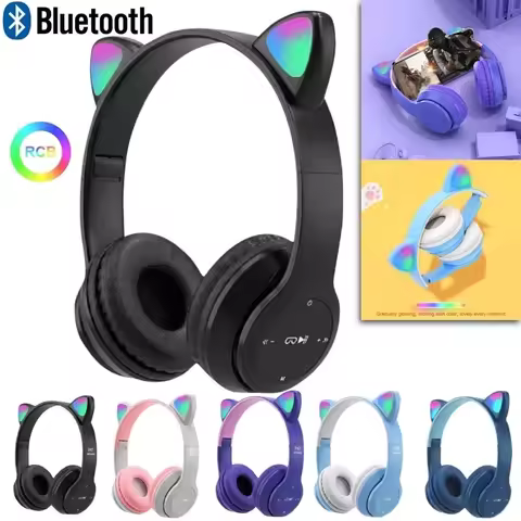 P47M Wireless Bluetooth Headset Gamer Cat LED Light Waterproof Noise Cancelling Earbuds Wireless Hea