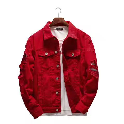 New Men's Jean Jacket Slim Fit Cotton Denim Jacket Red White Black Ripped Hole Jean Coats Men Outerw