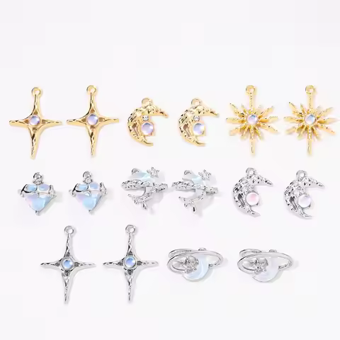 6pcs/set Colorful Heart Cross Moon Star Shape Silver Color DIY Charms Opal Color Y2k Pendant For Nec