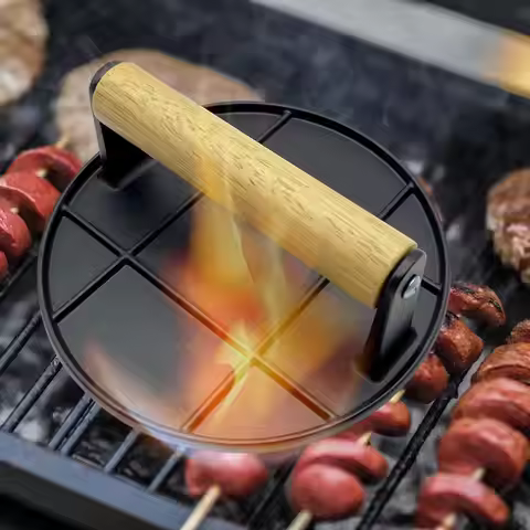 Meat Press Cast Iron Meat Press Heat-resistant Cast Iron Burger Press with Ergonomic Wooden Handle A