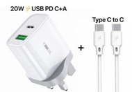 2in1 20W USB-C + A Power Adapter + Type C Cable ; 20W USB-C+A電源轉換器 + Type-C快速充電充電器 For Samsung Galax