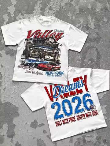 Dreams Valley Car Repair Shop Pattern Round Neck Letter Print T-Shirt Unisex Short-sleeved Retro Str