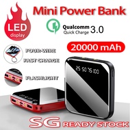 sg Ready Stock Mini power bank 20000mAh Fast charging mobile Latest Built-in 4 Cables power bank Digital Display Powerbank portable Mirror Screen mini power Portable External Battery Pack