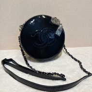 Chanel✨黑銀漆皮圓餅包鏈條包 貓頭鷹拉鍊