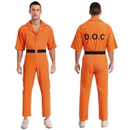 inhzoy Mens Womens Unisex Halloween Prisoner Cosplay Jumpsuit with Waist Belt Lapel Short Sleeve One