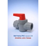 CM brand PVC Ball Valve measuring 1/ 2 inches and 3 4 inches.