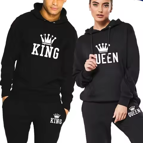 King Queen Mens Womens Tracksuit Fashion Casual Hooded Sweatshirt+Pants Sets High Quality Daily Jogg