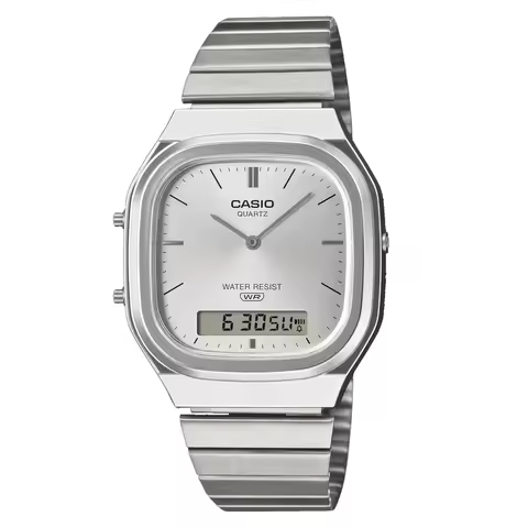 Casio AQ-240E Series | Vintage Analog Digital Watch | Water Resistant | Stainless Steel Band | 3-Yea