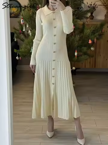 Streamgirl Women Burgundy Dresses Long Sleeve Polo Midi Knitted Dress Transparent Swing Maxi Brown E