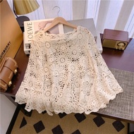 Áo Len Dệt Kim Ren Móc Khóa Rộng Rãi Cho Nữ Đi Biển Tay Bồng Áo Khoác Ngoài Chất Liệu Cotton Mùa Hè 