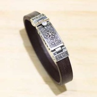 銀革手作 925 純銀 十字金剛杵 六字大明咒 英國皇室馬韁革 插扣 牛皮手鐲