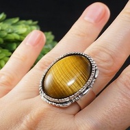 Yellow Brown Cat Eye Tiger Eye Adjustable Ring Large Boho Silver Ring Jewelry
