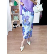aight Print Purple Midi Skirt For Women Miyake 2025 Summer Stunning Large Floral Pleated Mid-Length