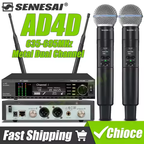 Top Quality！AD4D Professional Dual Wireless Microphone Stage Performance 2 Channels 600-699MHz UHF K