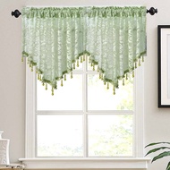 Beige Green Floral Knitted Lace Swag Curtain Rod Pocket Scalloped Curtain Valance Sheer Lace Panels with Hanging Beads Victorian Drapes for Kitchen Bedroom Window Treatments 2Pcs