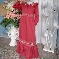 Gamis Wanita Dress Muslim Wanita Red Merah Motif Bunga Bunga Katun
