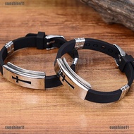 Men Fashion Silver Cross Stainless Steel Black Rubber Bracelet Bangle Wristband