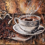 Coffee Cup Painting Oil Canvas on stretch Original Still life Gold Art Acrylic