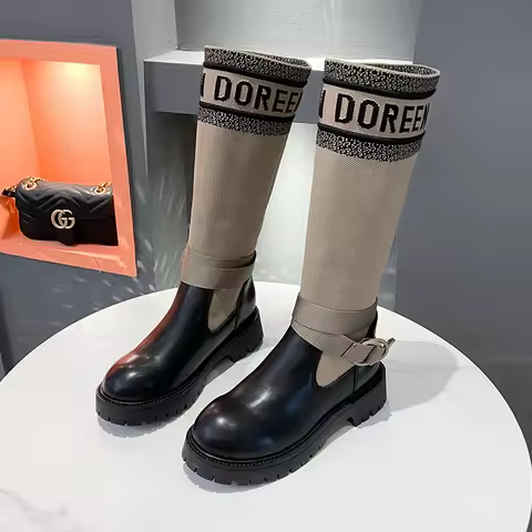 Long Boots Women New Knitted Elastic Boots Retro Thick-soled Women's High Boots Knee-length Boots El