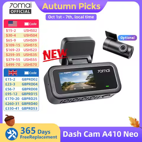 【New】70mai Dash Cam A410 Neo 1440P HDR Dual-Channel Built-in GPS f/1.6 Supercapacitor Wi-Fi 6 24H Pa