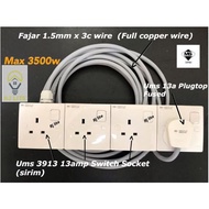 (Ready Stock) Heavy Duty 2/3/4ways Extension Wire Socket c/w Full Copper Wire(Fajar 1.5mm x3core wir