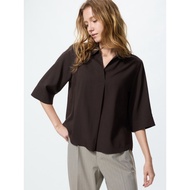 KEMEJA UNIQLO Rayon Blouse Shirt Skipper Collar 3 Sleeves Plain Striped Blouse ORIGINAL