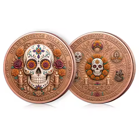 Dia De Muertos 5oz .999 Fine Copper Medal High Relief Day of the Dead Marigold Art Collectible Ornam