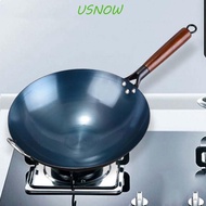 USNOW Iron Pot, Non-stick Round Bottom Chinese Traditional Iron Wok, Kitchen Cookware Wooden Handle Anti-scalding Uncoated Frying Pan Gas Stove