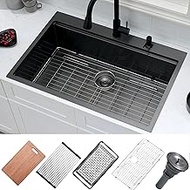 33 Black Kitchen Sink Drop in Workstation Sink, Bewitch 33x22x10 Inches 16 Gauge Nano Black Stainles