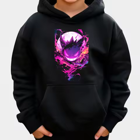 Pokemon Anime Gengar Cotton Hoodie Black Color Purple Creature Colorful Glow Aura Fiery Background L