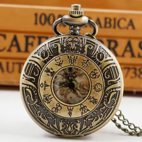 Vintage Bronze Quartz Necklace Pocket Watch Numerals Display Pendant Pocket Clock Collections Gifts 