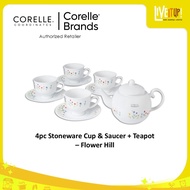 CORELLE Coordinates 4pc Stoneware Cup & Saucer + Teapot – Flower Hill