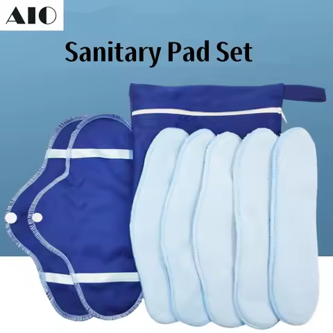 AIO 8PCS Reusable Super Absorbent Sanitary Pad Set Soft Washable Menstrual Pads with Interchangeable