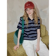 Qiaomi Retro Navy Striped Polo Shirt - Women's Short Sleeve Loose Fit with Lapel Collar