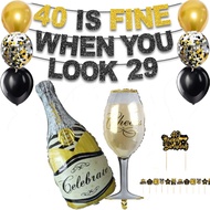 40th Birthday Decoration Black Gold Banner Cake Topper Cupcake Topper 40 Is Fine Party Set