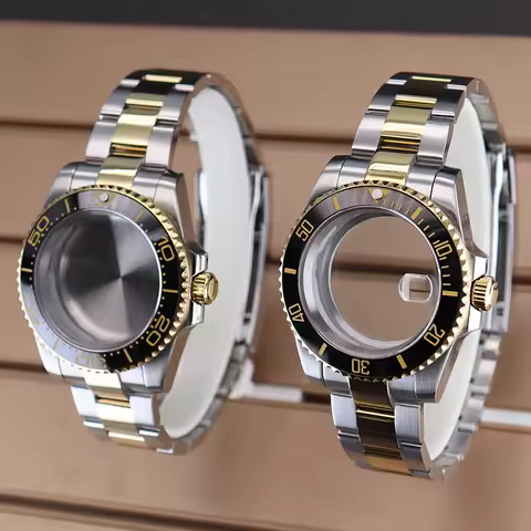 Silvery And Gold 40mm Steel Dive Watch Case Watchband For Seiko NH34 NH35 NH36 NH38 4R36 Miyota8215 