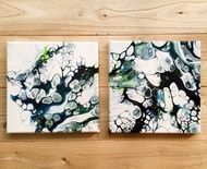 【流體藝術】原創畫作雙拼 | 細胞建構抽象藝術 | 黑藍冷色調掛畫