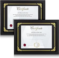 Fainne 2 Pcs 11x14 Heavy Duty Diploma Frame with Gold Foil Border for 8.5x11 Inch Document Certificates with Mat Classic Black Color Frame with Mat for Wall and Tabletop for Document Photo