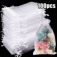 100Pcs Organza Gauze Drawstring Bag - Party Wedding Gift Bag - White Bundle Mouth Mesh Bags - Reusab