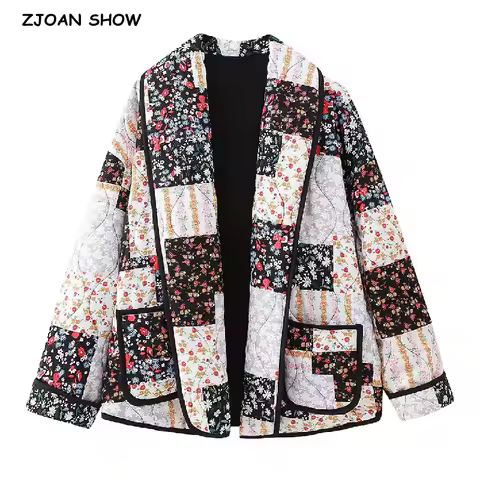 Autumn Winter Contrast Color Flower Print Lapel Oversize Quilted Coat Ethnic Women Full Sleeve Quilt