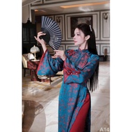 Silk Floral Ao Dai 2cm V-Neck Long Sleeve Elegant Straight Fit Rosemary HT017