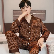Fashionable and Luxurious Spring Ice Silk Mens Pajamas Long-sleeved Trousers Thin Pajamas Summer You