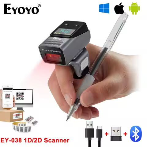 Eyoyo EY-038 Ring Barcode Scanner with Screen.1D Laser/2D Mini Wearable Bluetooth Finger QR Code Rea