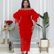 D4 One Shoulder Strapless Lantern Sleeve Lace Stitching Dress