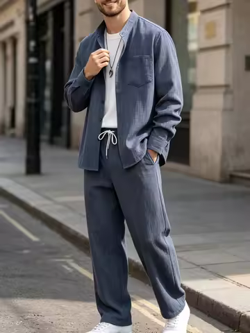 Men's Spring and Autumn Thin Textured Cotton-Linen Two-Piece Set: Haze Blue Stand-Collar Shirt with 