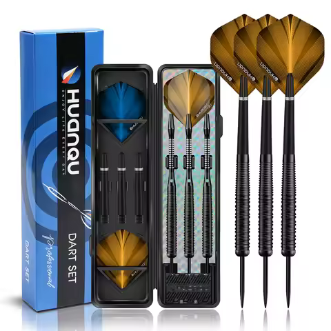 Huanqu Set of Three 19g Iron Hard Dart Sets with Hard Storage Case, Spare Dart Shafts, Orange and Bl